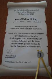 Ehrenurkunde Walter Linke