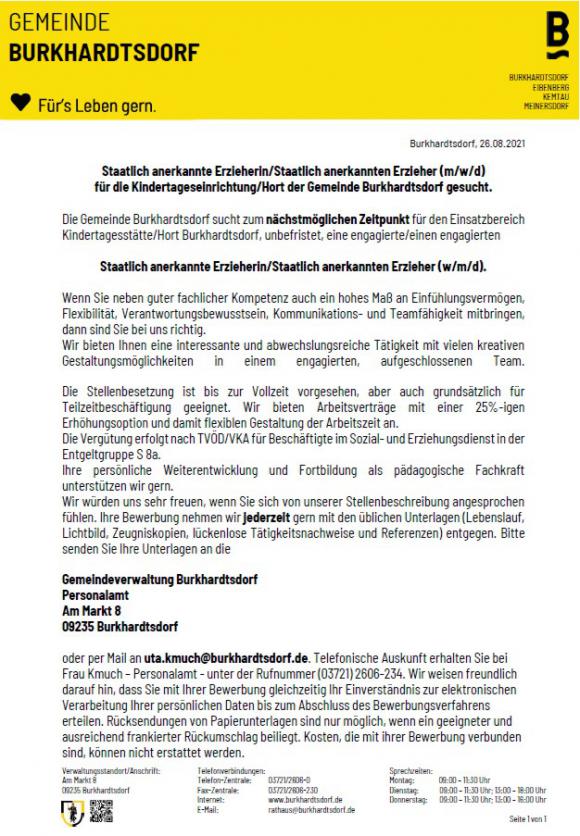 Stellenausschreibung Erzieher